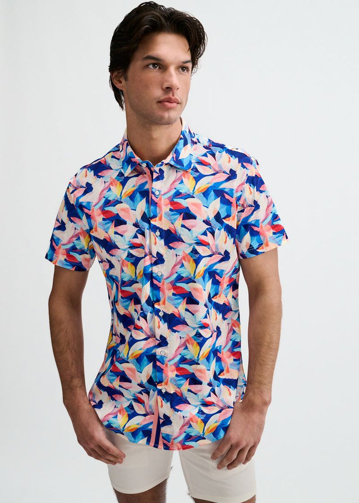 Navy/Blush Leaves Printed Cotton Knit Jersey Short Sleeve Shirt W/Placket Detail St-9357