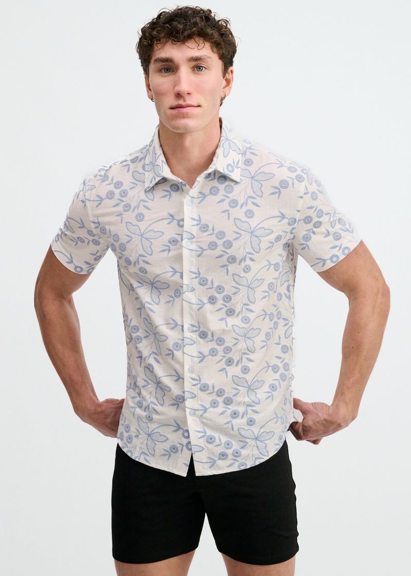 Sky/White Printed Stretch Eyelet Knit Short Sleeve Shirt St-24077