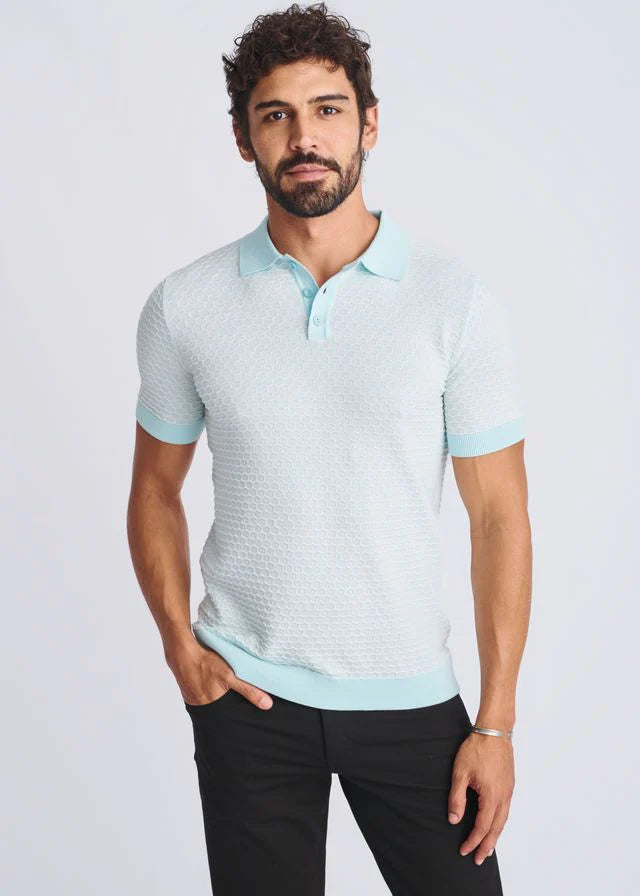 Mint/Milk White Honeycomb Textured Cotton 3-Button Knit Polo PM-16330