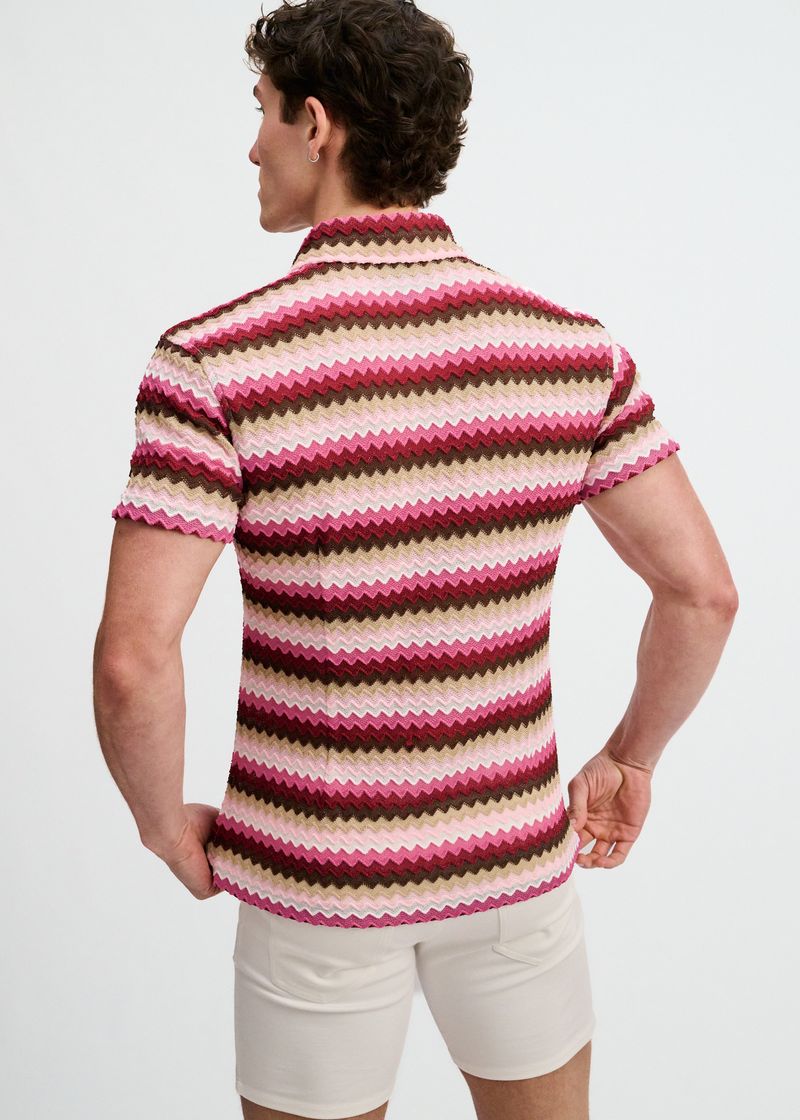 Carmine/Merlot Open Knit Stretch Chevron Short Sleeve Shirt St-24078