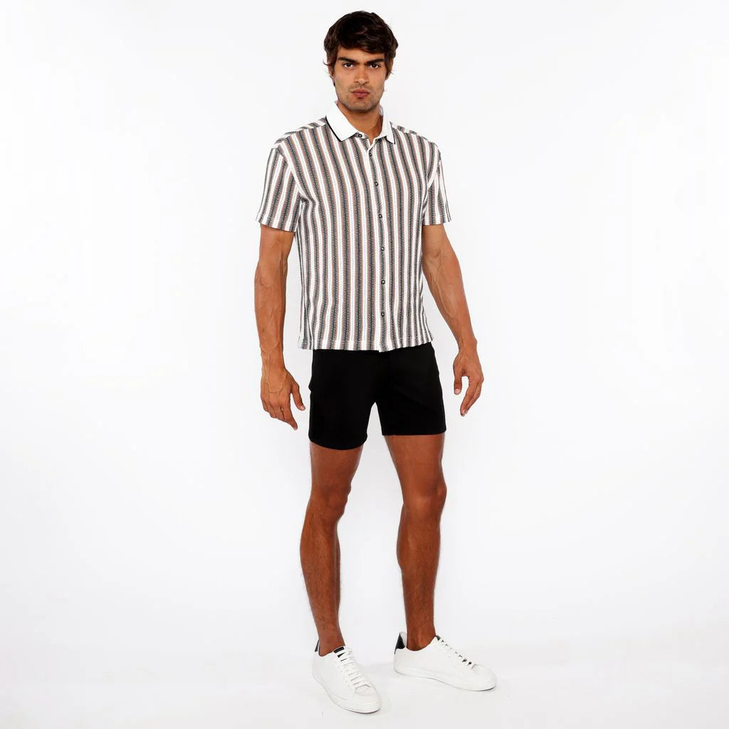 Off White/Midnight Stripe Stretch Open Knit Short Sleeve Shirt W/Rib Collar St-24064