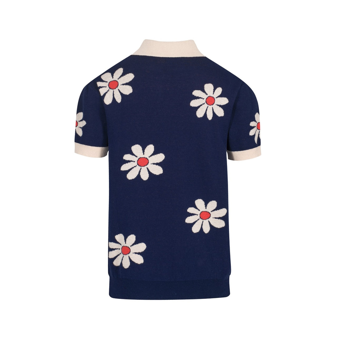 Retro 1970s Flower Knit Polo Shirt Vintage Navy with Daisy Pattern