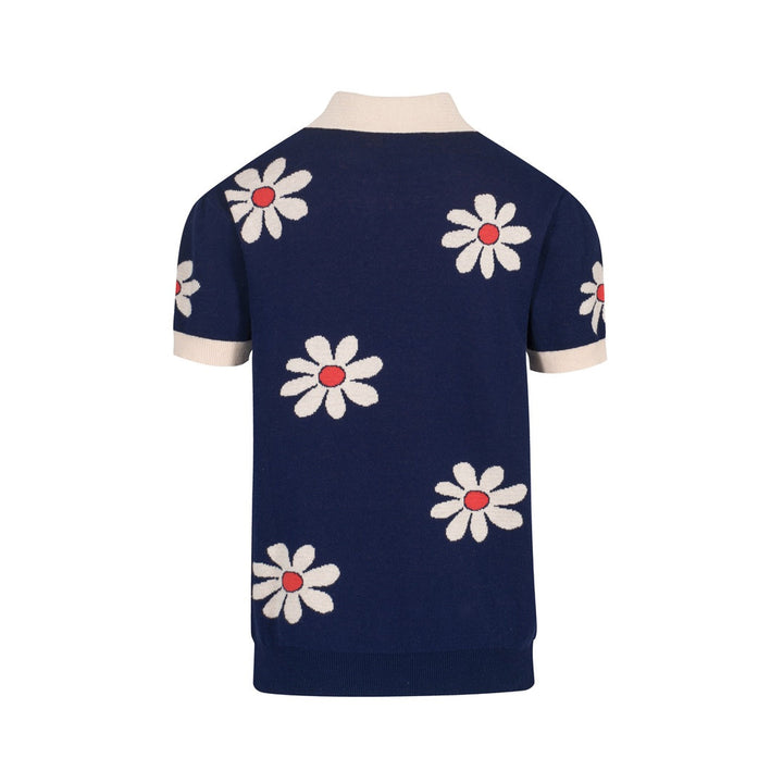 Retro 1970s Flower Knit Polo Shirt Vintage Navy with Daisy Pattern
