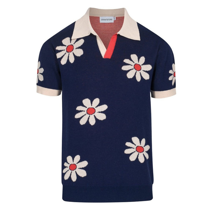 Retro 1970s Flower Knit Polo Shirt Vintage Navy with Daisy Pattern