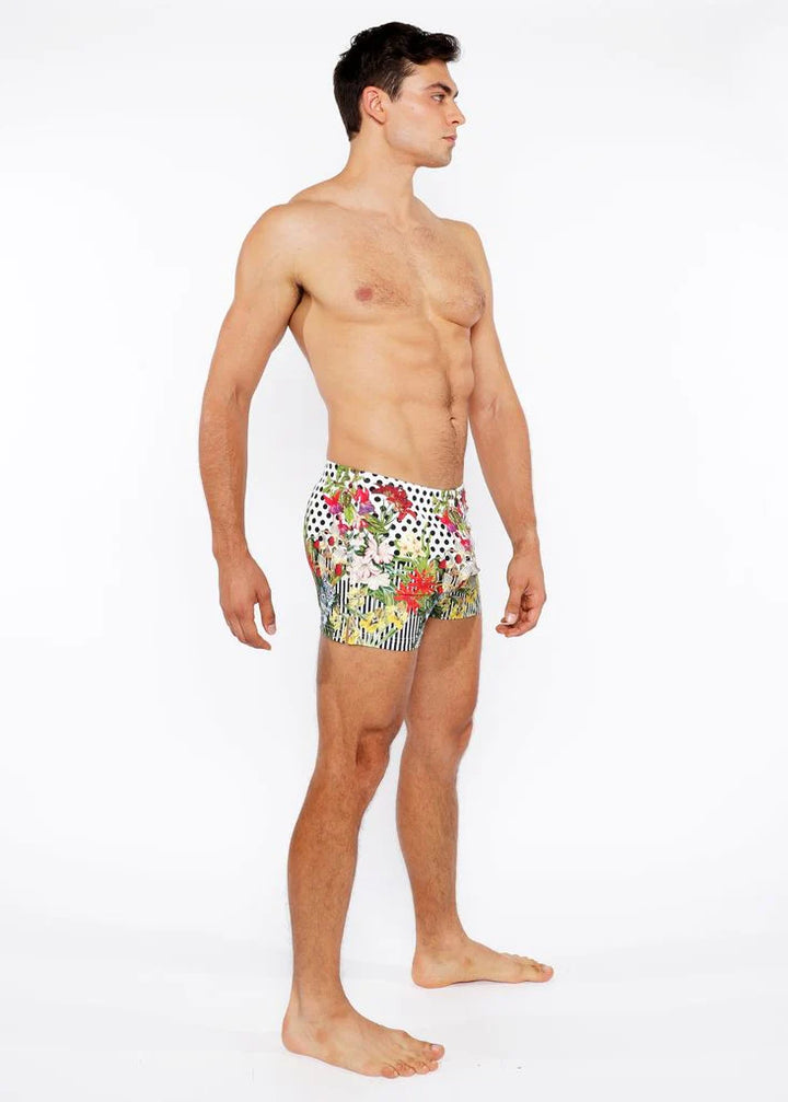 Black/White Dots Floral Printed Swim Short W/Mesh Brief Lining St-8024-03