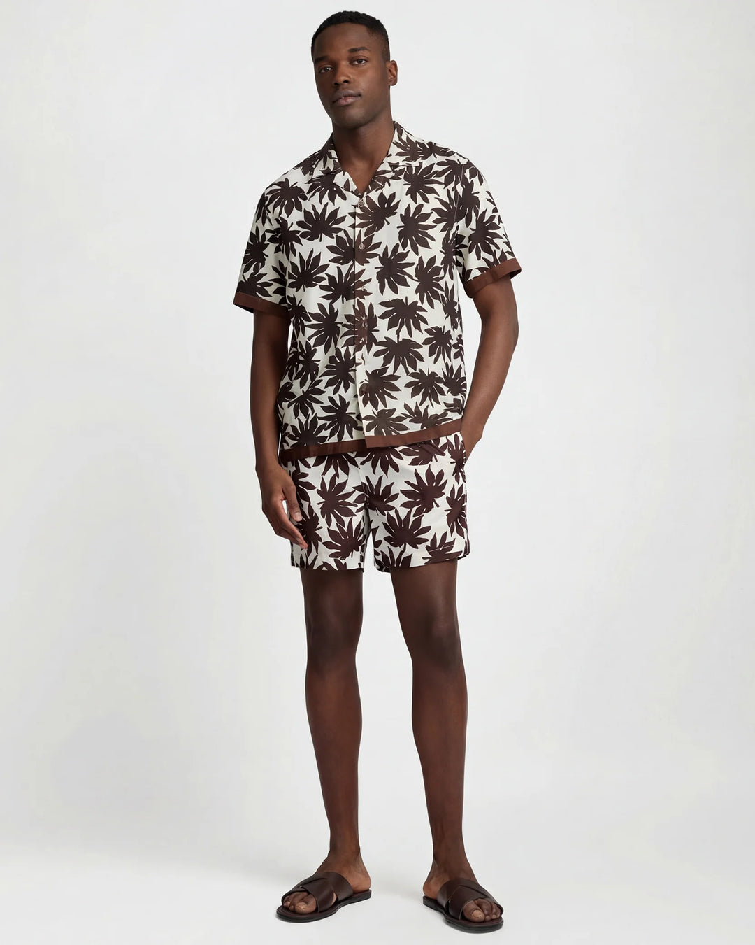 Air Linen Convertible Vacation Shirt Egret Multi Palm