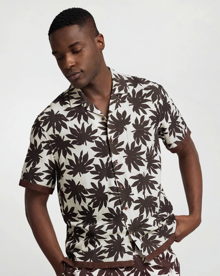 Air Linen Convertible Vacation Shirt Egret Multi Palm