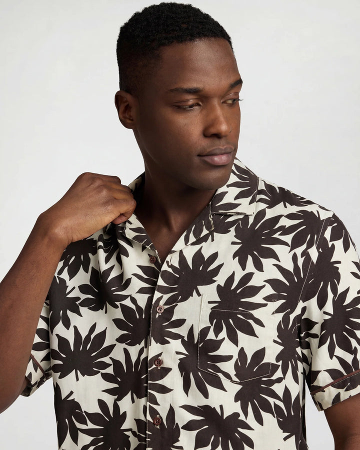 Air Linen Convertible Vacation Shirt Egret Multi Palm