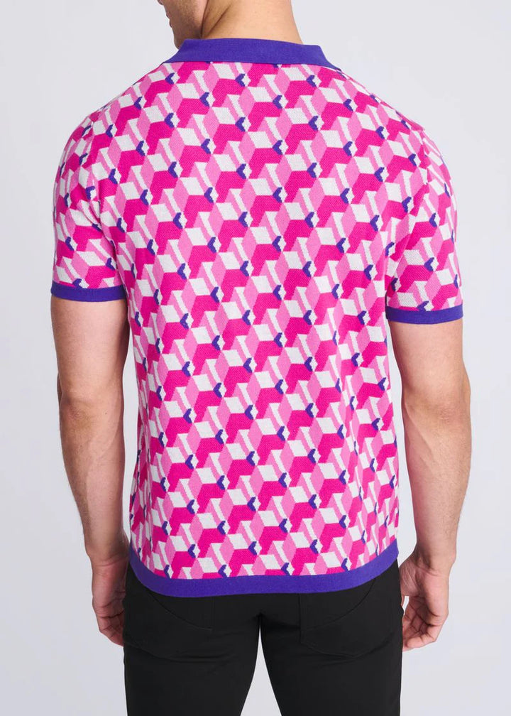 Blush/Pink 3D Cubes Jacquard Cotton 3-Button Knit Polo PM-16325