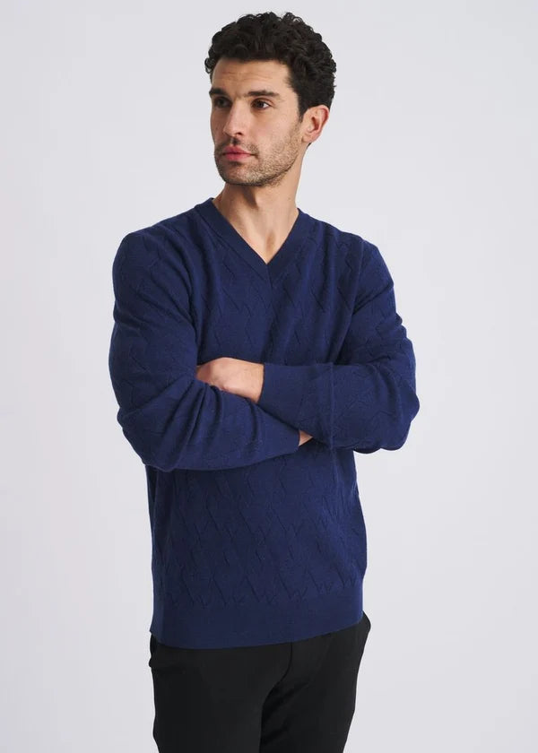 V-Neck Basketweave Wool Blend Knit Sweater