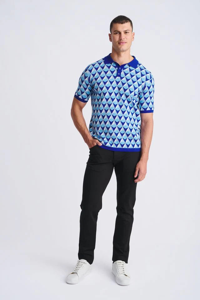 Blue/Cobalt Pyramids Jacquard Cotton 3-Button Knit Polo PM-16326
