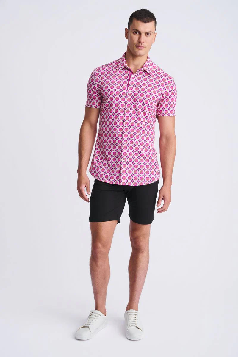 Pink/Blush Circles Printed Performance Short Sleeve Shirt W/ Contrast Placket PM-76109
