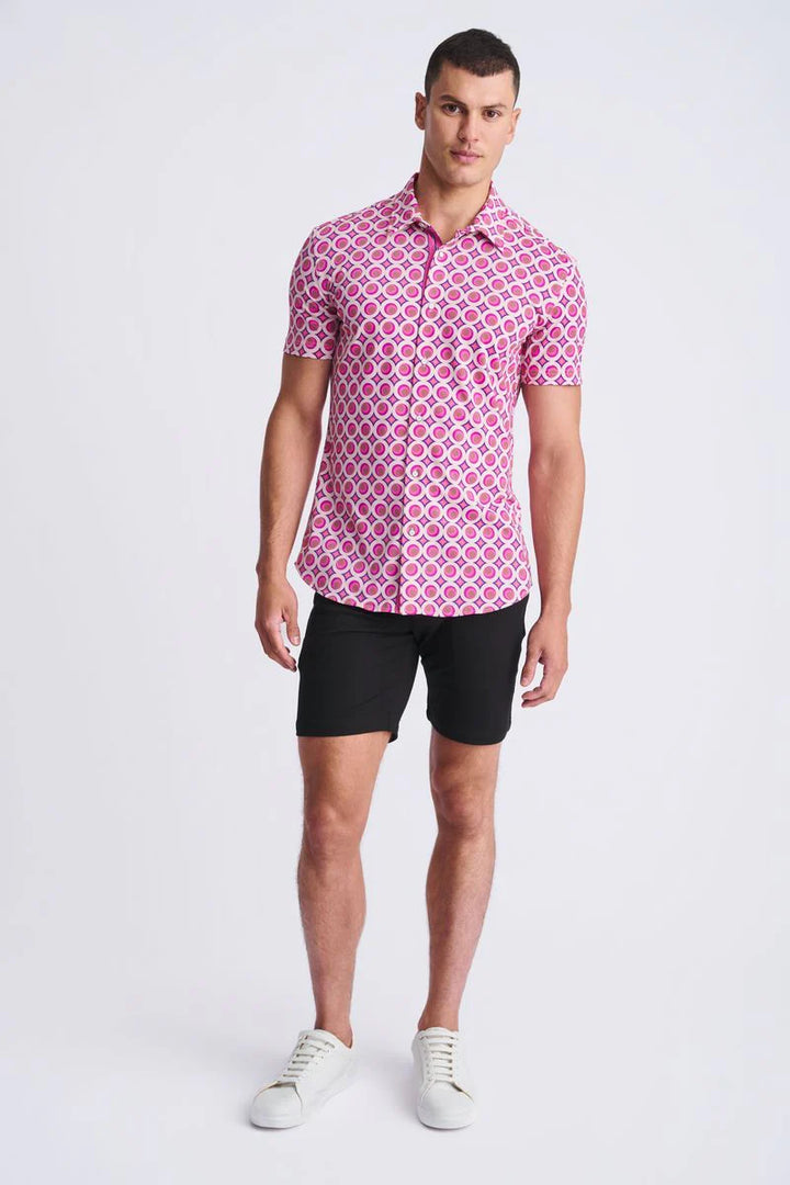 Pink/Blush Circles Printed Performance Short Sleeve Shirt W/ Contrast Placket PM-76109