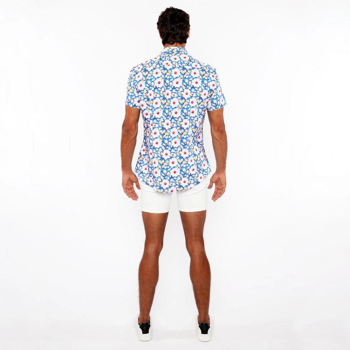 Cobalt/Gold Floral 3D Print Cotton Jersey Knit Short Sleeve Shirt W/Contrast Stripe Placket St-9326