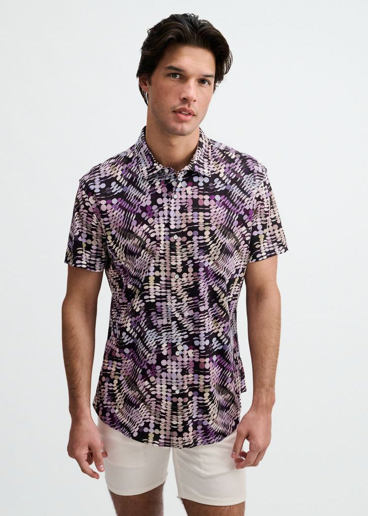 Purple/Aloe Waves Printed Cotton Knit Jersey Short Sleeve Shirt St-9364