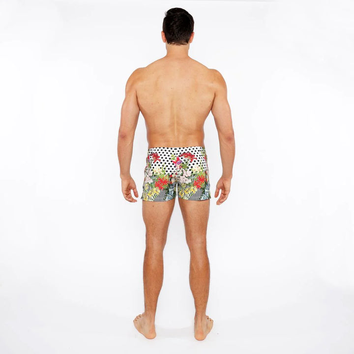 Black/White Dots Floral Printed Swim Short W/Mesh Brief Lining St-8024-03