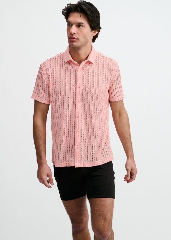 Pink Open Knit Short Sleeve Shirt W/Rib Collar St-24076