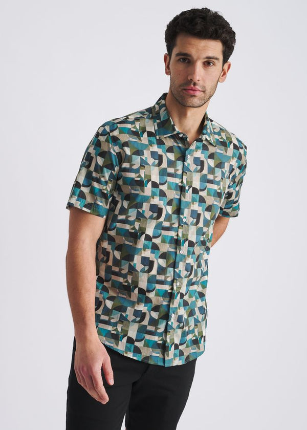 Geometric Printed Lightweight Short Sleeve Shirt Forest/Olive Geometric