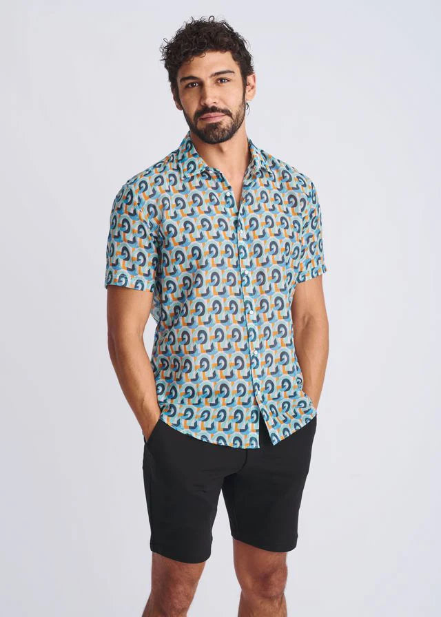 Teal/Orange Swirls Printed Lightweight Cotton/Silk Short Sleeve Shirt PM-46043
