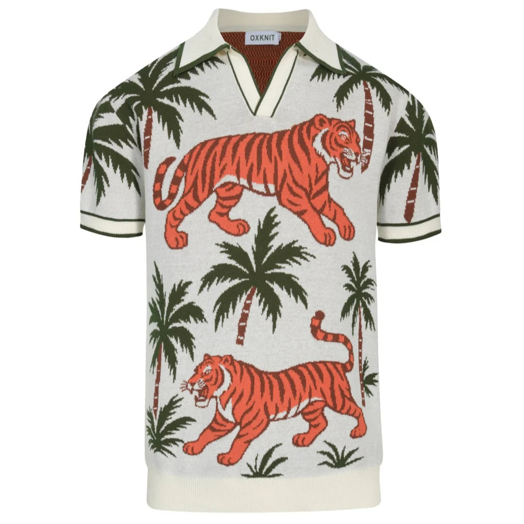 White Apricot Animal Garden Jacquard V-neck Polo Shirt