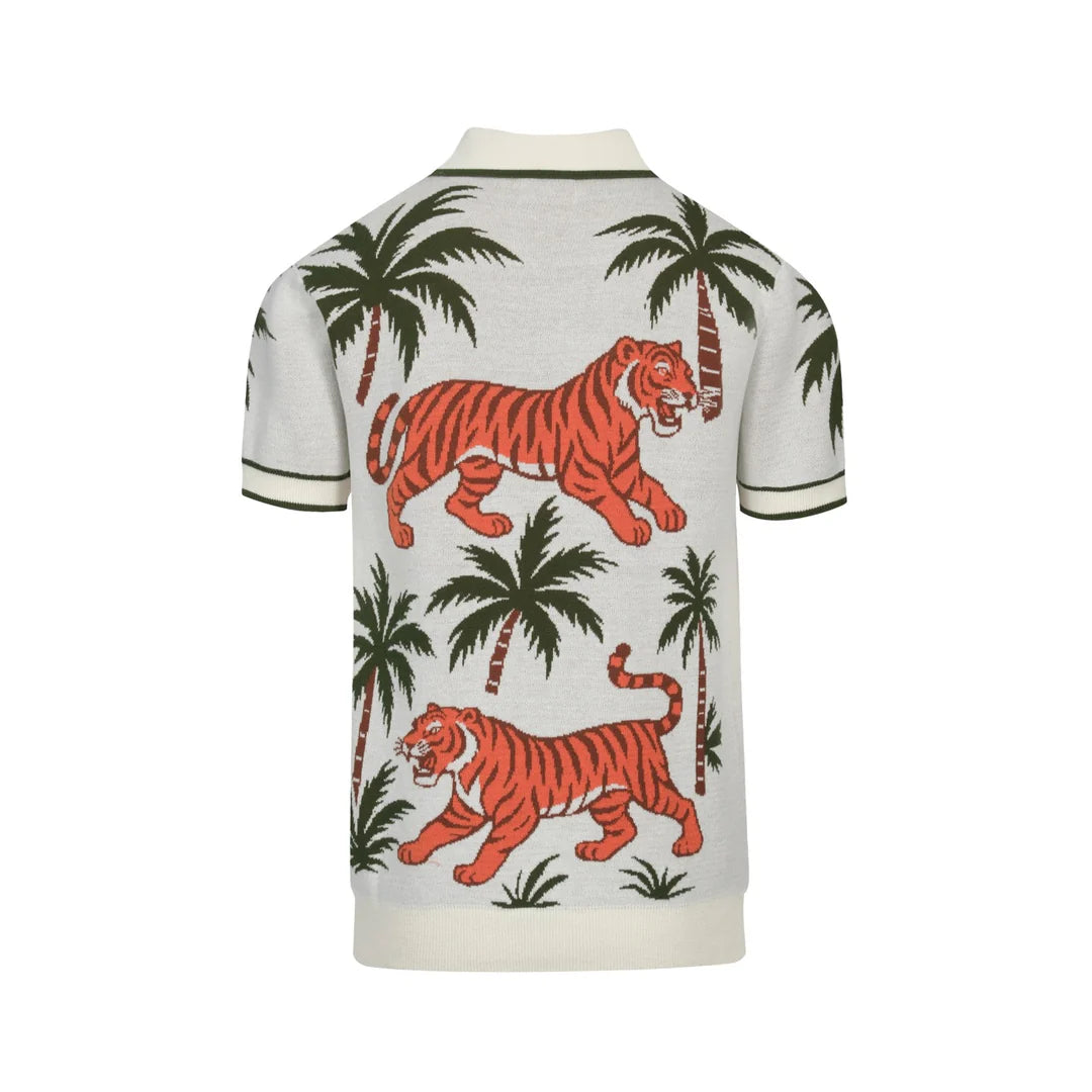 White Apricot Animal Garden Jacquard V-neck Polo Shirt