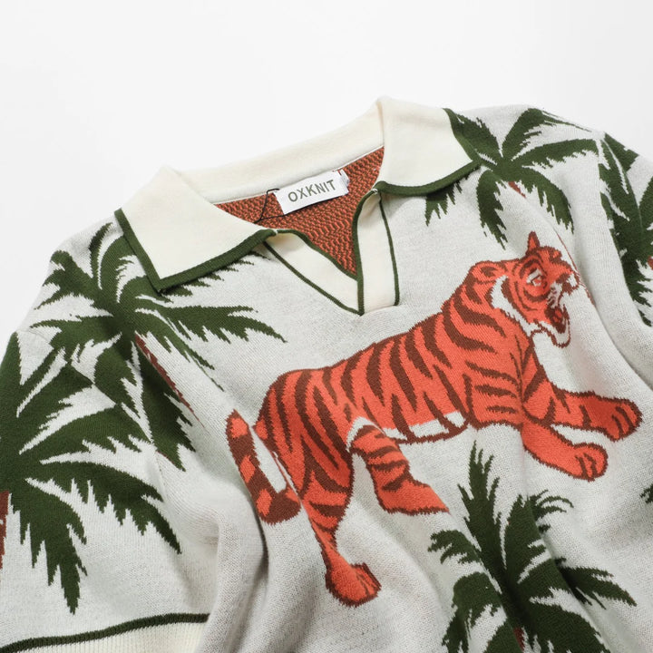 White Apricot Animal Garden Jacquard V-neck Polo Shirt