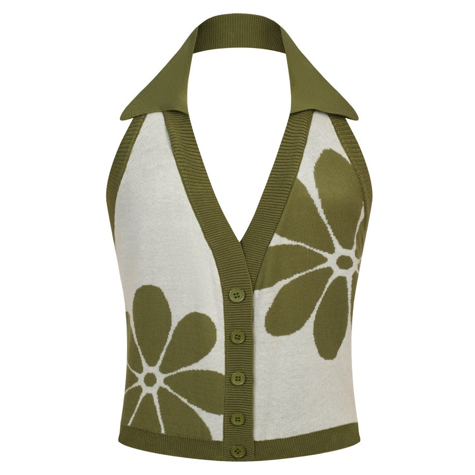 W Green Vintage Floral Style Halter Knit Vest