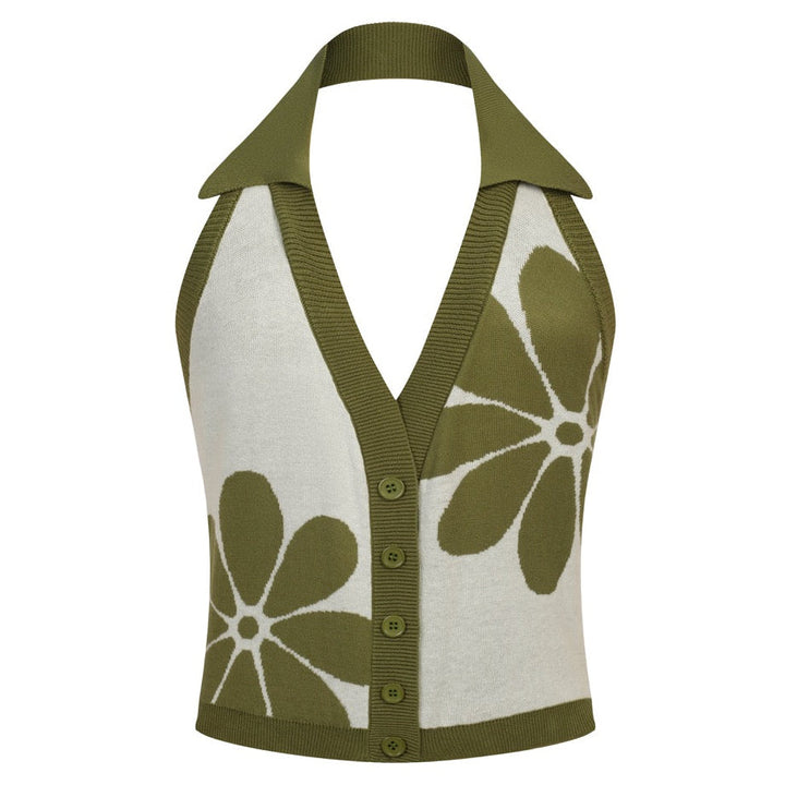 W Green Vintage Floral Style Halter Knit Vest