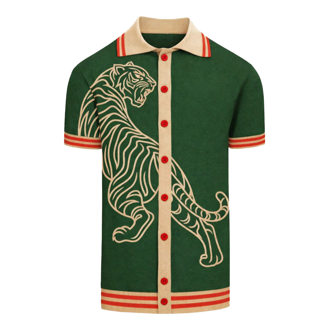 Green Retro Luxury Style Tiger Jacquard Cardigan