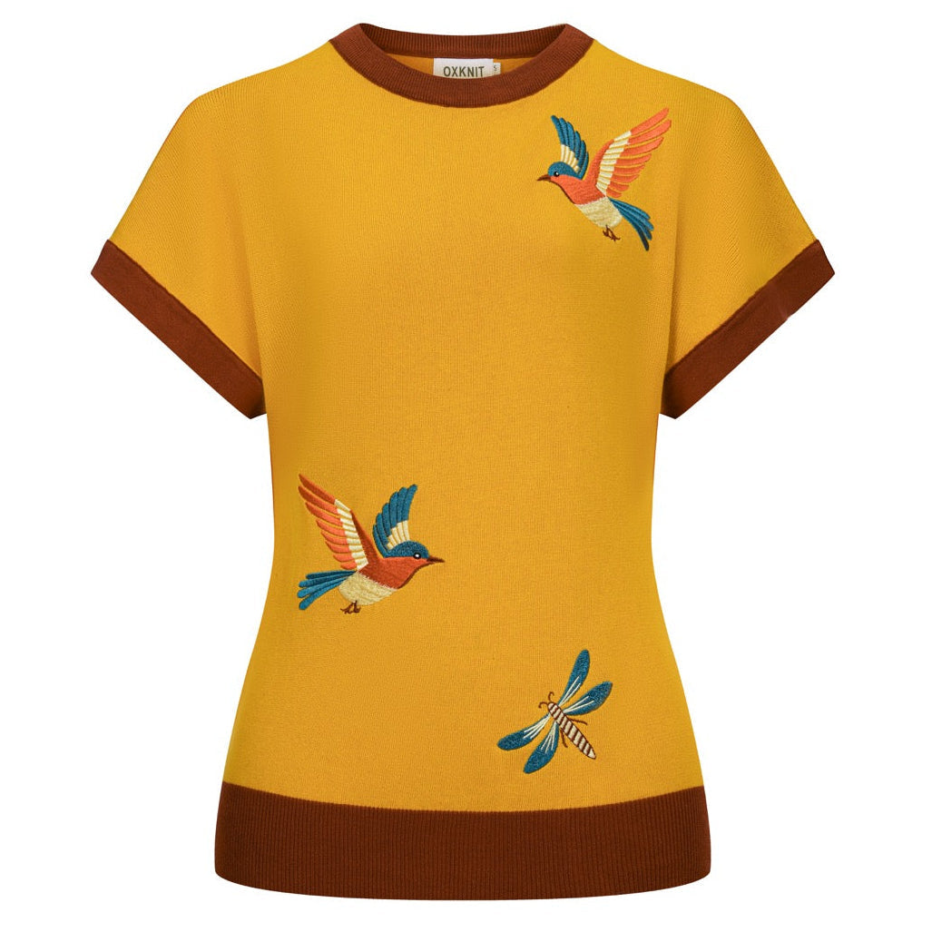 W Yellow Retro Animal Embroidery Dolman Sleeve Knit T-Shirt