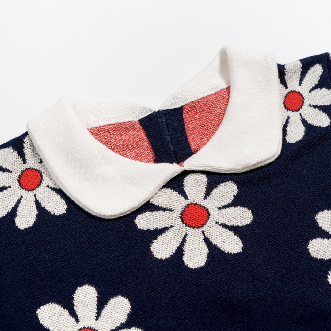 W Navy Blue 60s Daisy Peter Pan Collar Pocket Short Sleeve Knit Dress