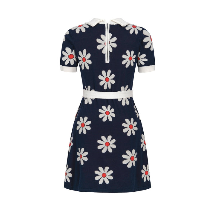 W Navy Blue 60s Daisy Peter Pan Collar Pocket Short Sleeve Knit Dress