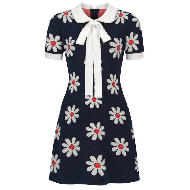 W Navy Blue 60s Daisy Peter Pan Collar Pocket Short Sleeve Knit Dress