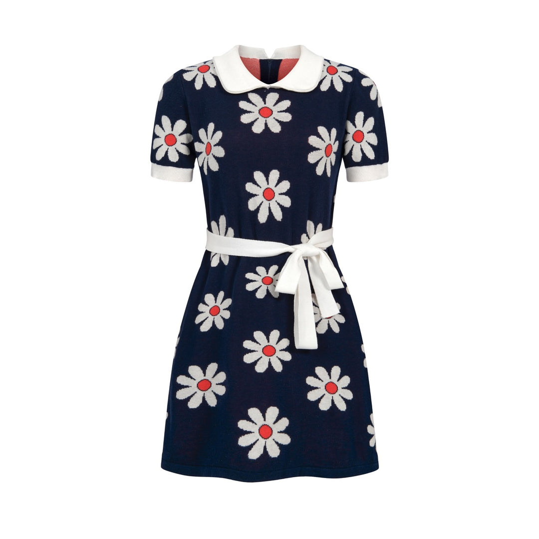 W Navy Blue 60s Daisy Peter Pan Collar Pocket Short Sleeve Knit Dress