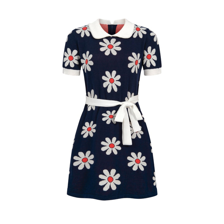W Navy Blue 60s Daisy Peter Pan Collar Pocket Short Sleeve Knit Dress