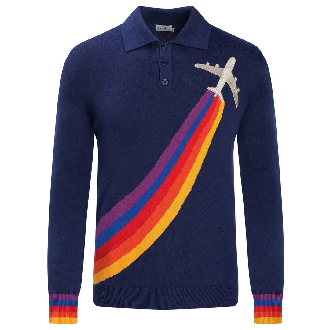 Vintage British Dark Blue Airplane Embroidery Knit Polo