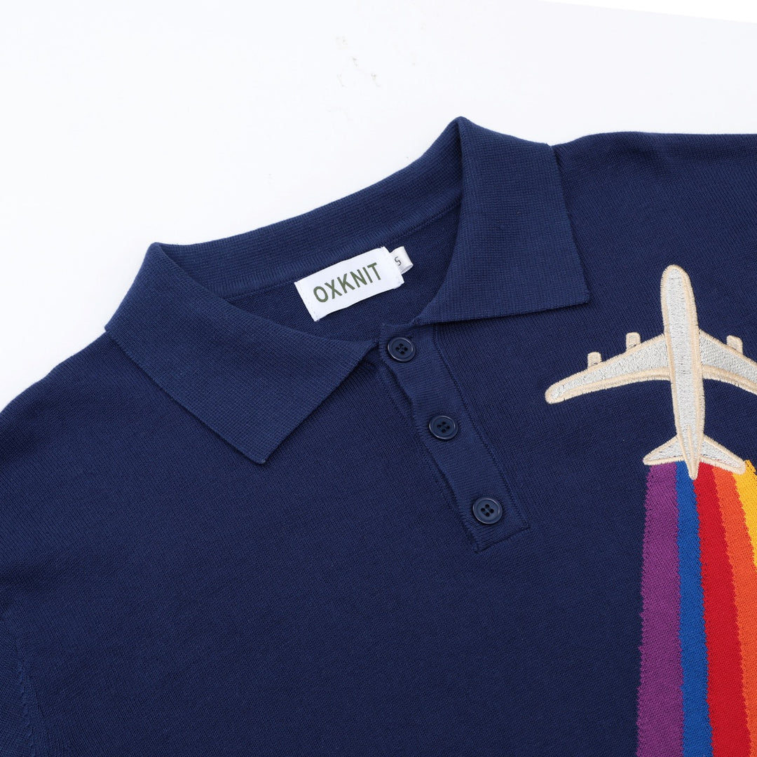 Vintage British Dark Blue Airplane Embroidery Knit Polo