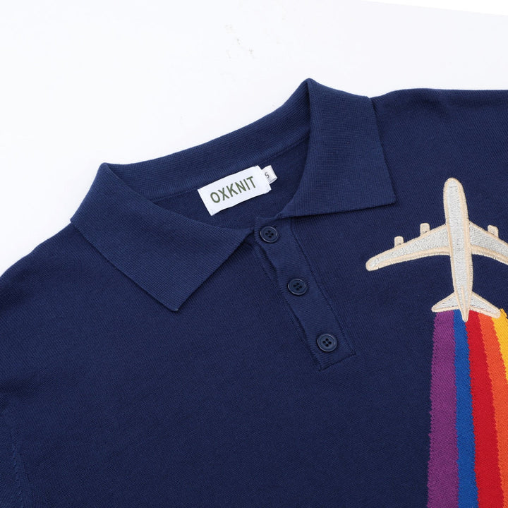 Vintage British Dark Blue Airplane Embroidery Knit Polo