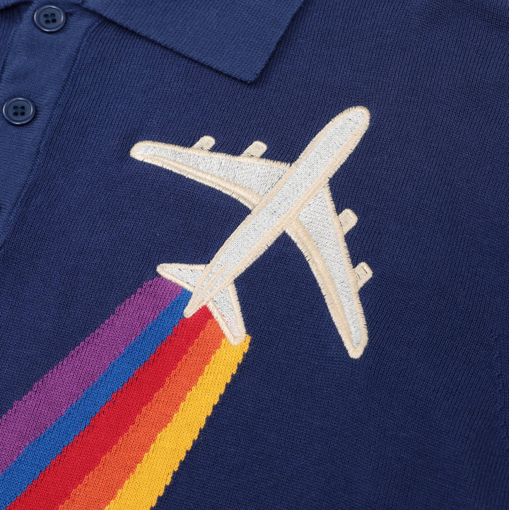 Vintage British Dark Blue Airplane Embroidery Knit Polo