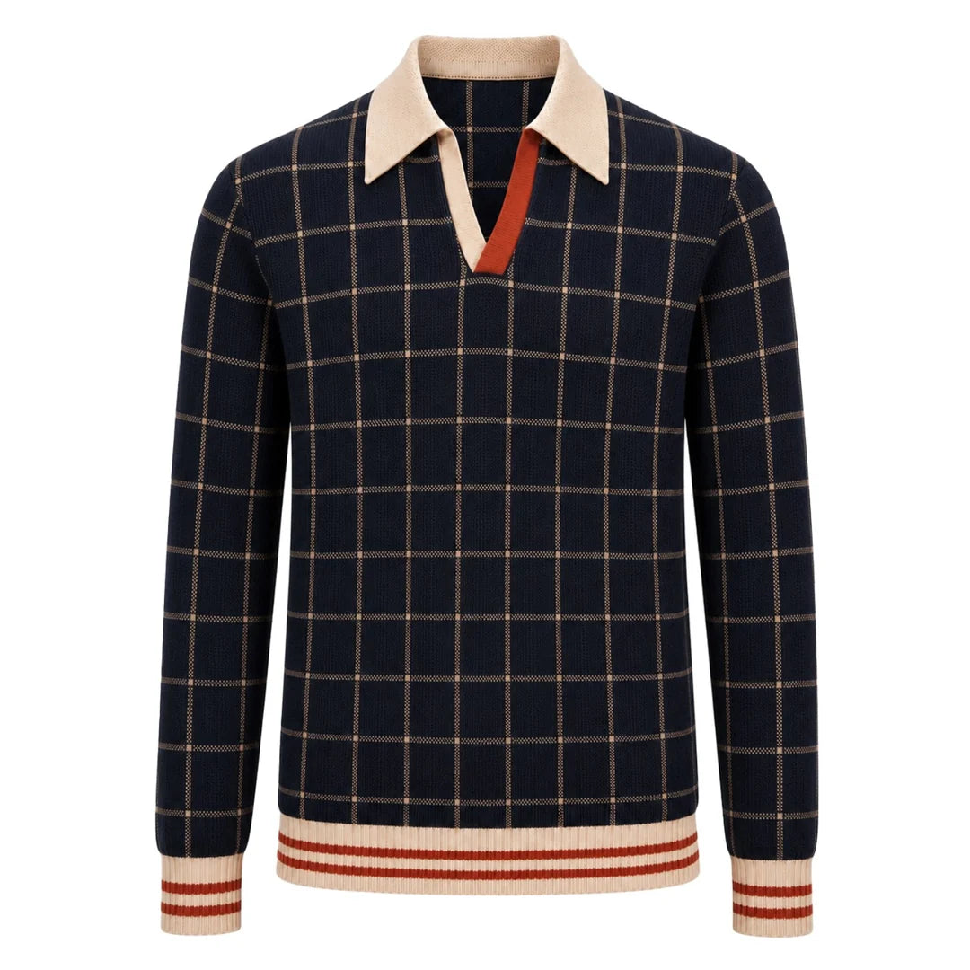 Retro Dark Blue Classic Check British Knit Polo