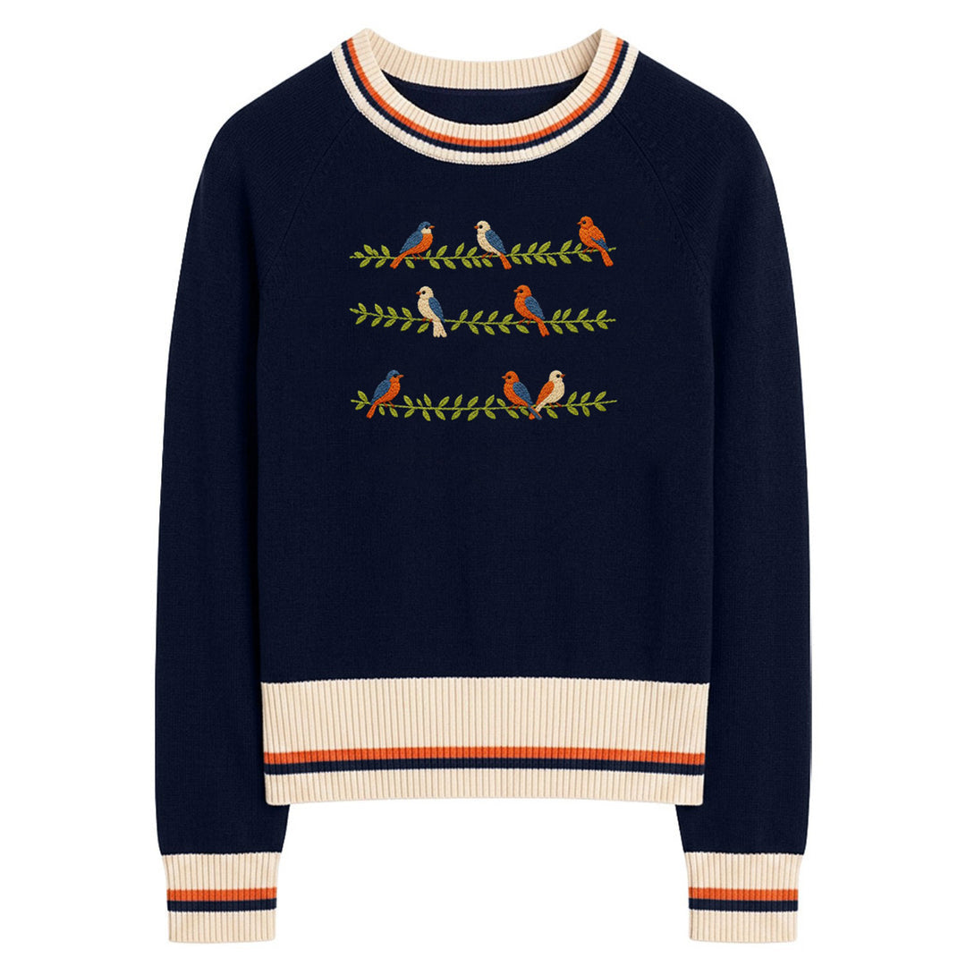 W 70s Retro Dark Blue Bird Embroidery Knitwear
