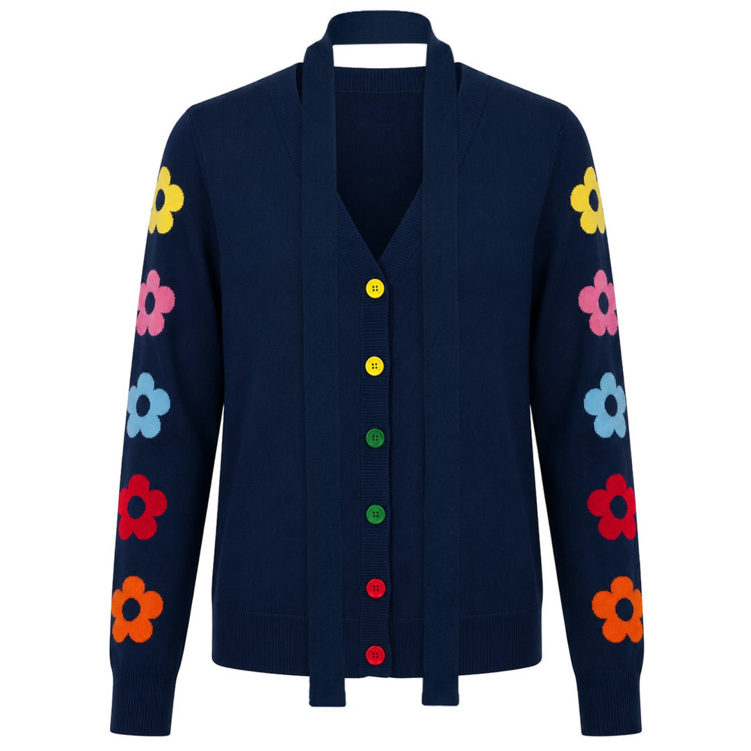 W Navy Blue 70s Colorful Floral Jacquard Knit Cardigan