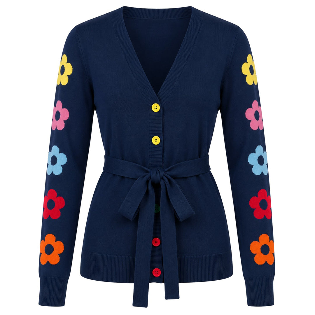 W Navy Blue 70s Colorful Floral Jacquard Knit Cardigan