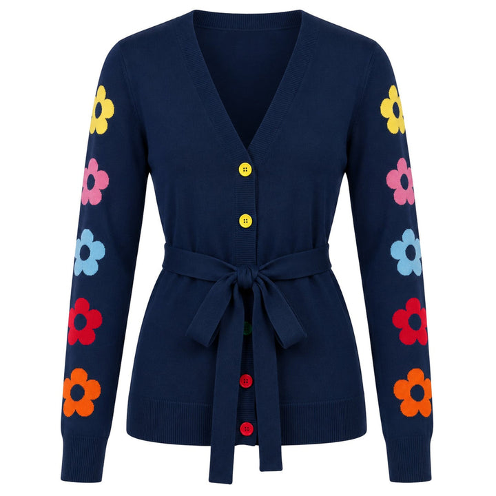 W Navy Blue 70s Colorful Floral Jacquard Knit Cardigan