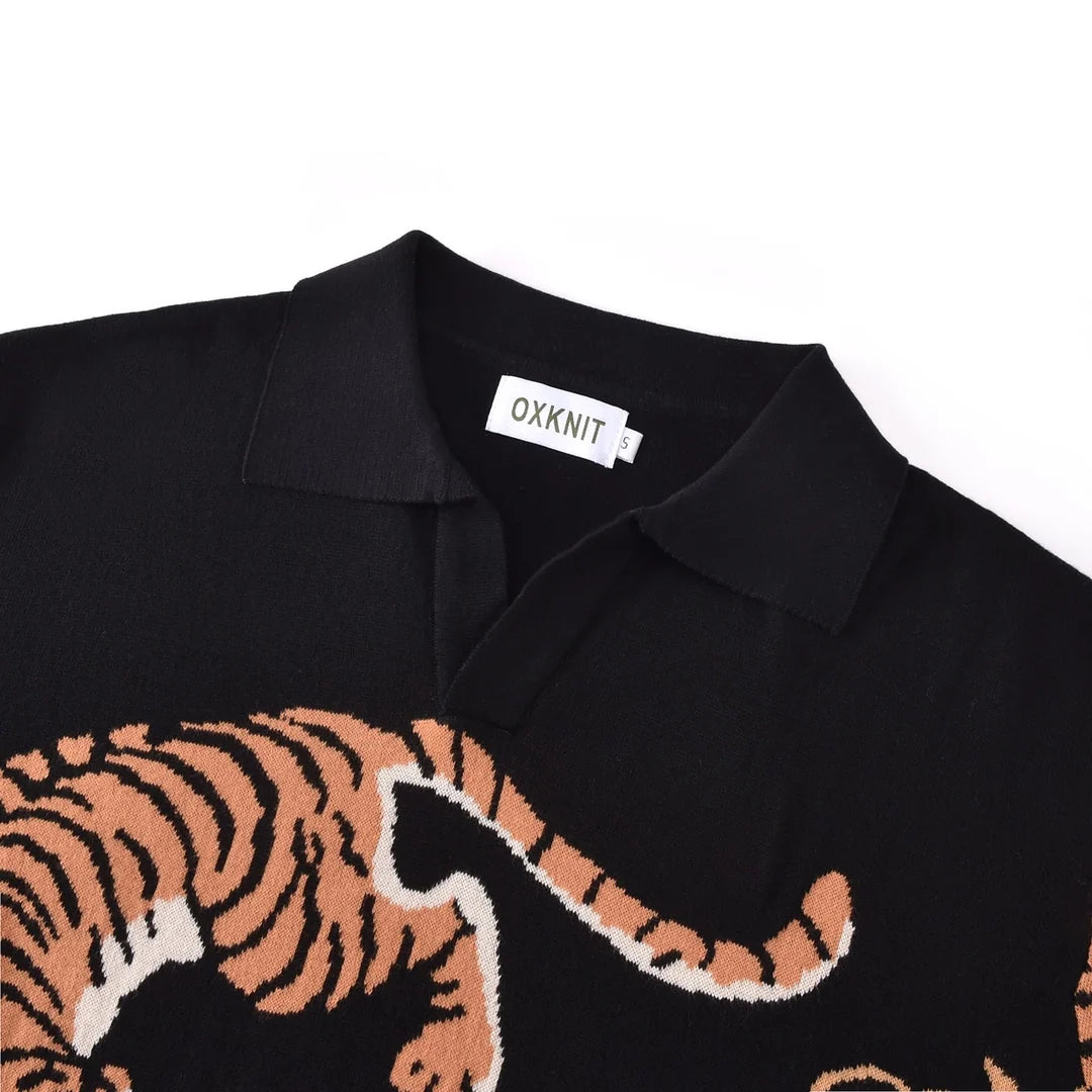 Black Vintage Artistic Tiger Print Jacquard Polo Knit Sweater