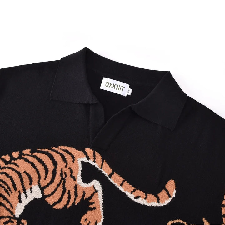 Black Vintage Artistic Tiger Print Jacquard Polo Knit Sweater