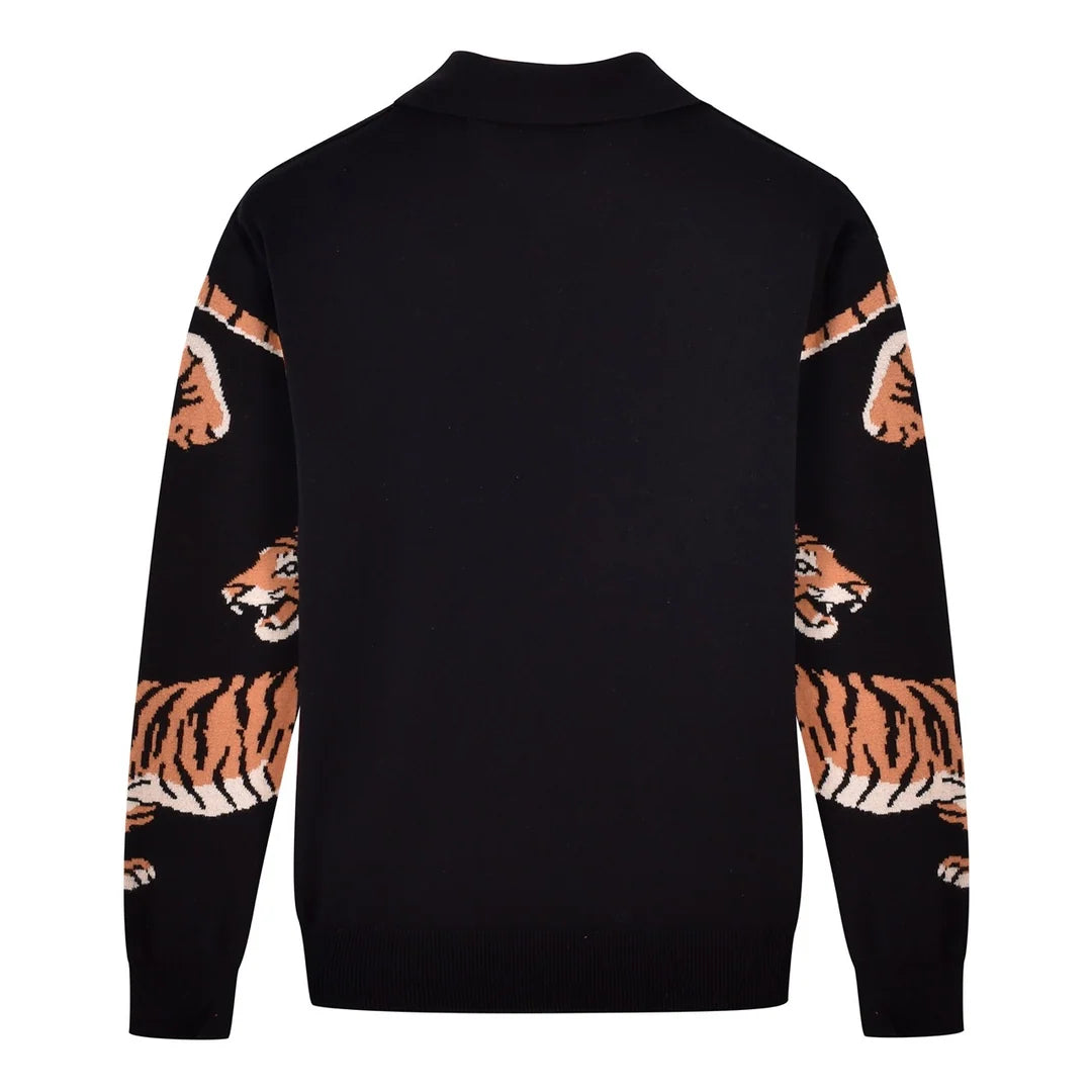Black Vintage Artistic Tiger Print Jacquard Polo Knit Sweater