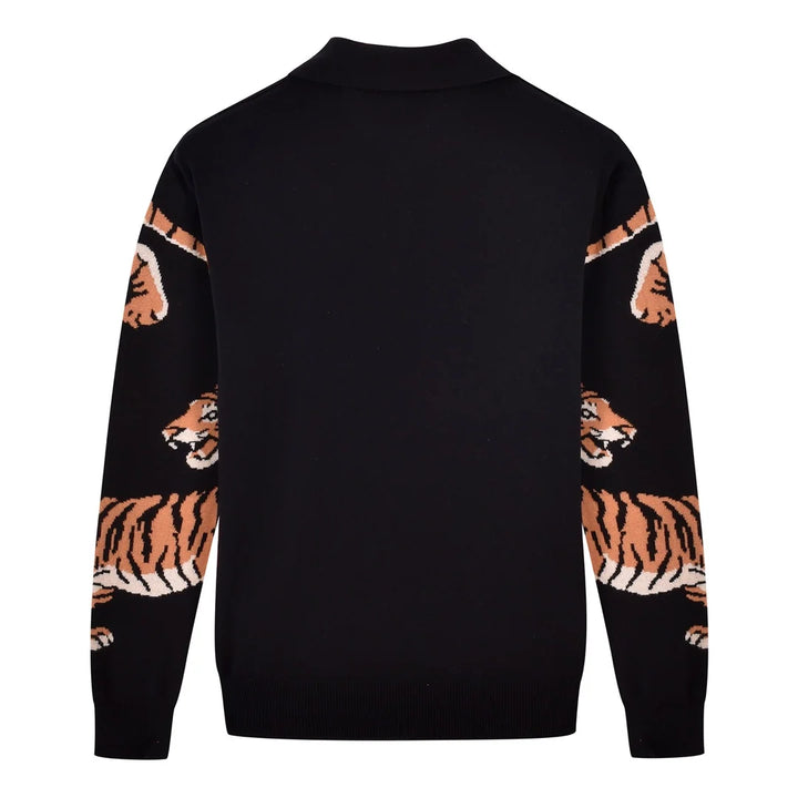 Black Vintage Artistic Tiger Print Jacquard Polo Knit Sweater