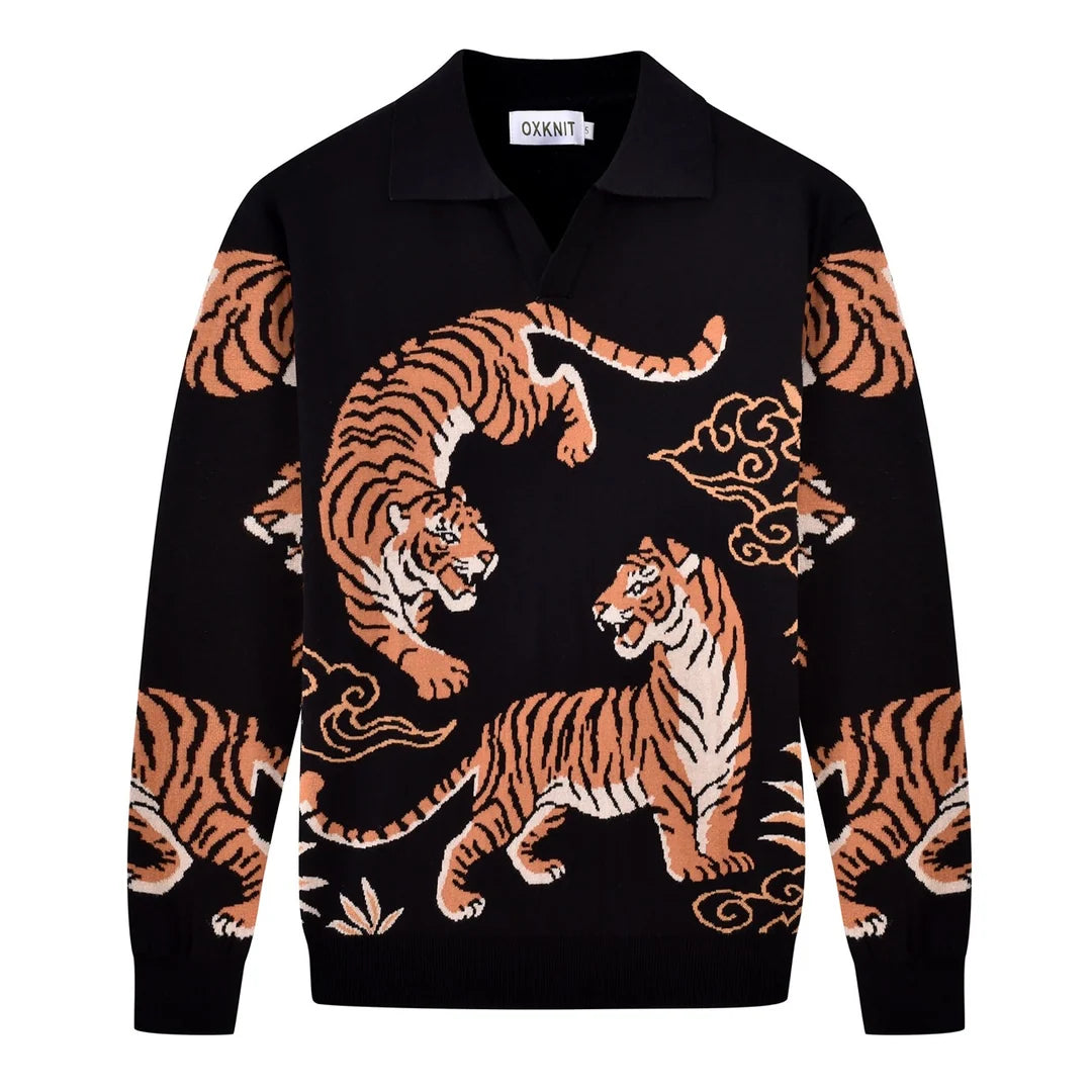 Black Vintage Artistic Tiger Print Jacquard Polo Knit Sweater