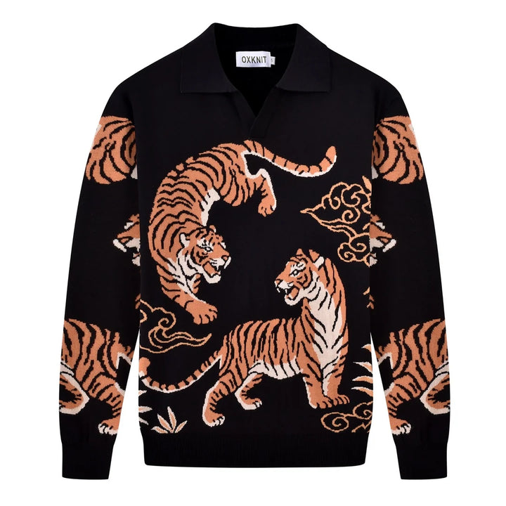 Black Vintage Artistic Tiger Print Jacquard Polo Knit Sweater